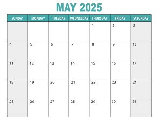 1. Free printable calendar, May 2025, Landscape. Free, printable, monthly, calendar, pdf, png, print, download.