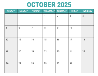 1. Free printable calendar, October 2025, Landscape. Free, printable, monthly, calendar, pdf, png, print, download.
