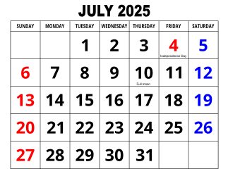 4. Large print monthly calendar, July 2025, Landscape, With Federal US Holidays. Free, printable, monthly, calendar, pdf, png, print, download.