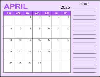 3. Monthly calendar printable, April 2025, Landscape. Free, printable, monthly, calendar, pdf, png, print, download.