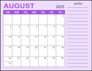 3. Monthly calendar printable, August 2025, Landscape. Free, printable, monthly, calendar, pdf, png, print, download.