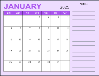 3. Monthly calendar printable, January 2025, Landscape. Free, printable, monthly, calendar, pdf, png, print, download.
