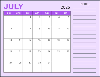 3. Monthly calendar printable, July 2025, Landscape. Free, printable, monthly, calendar, pdf, png, print, download.