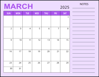 3. Monthly calendar printable, March 2025, Landscape. Free, printable, monthly, calendar, pdf, png, print, download.