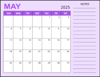 3. Monthly calendar printable, May 2025, Landscape. Free, printable, monthly, calendar, pdf, png, print, download.