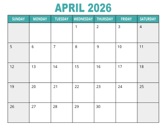 1. Free printable calendar, April 2026, Landscape. Free, printable, monthly, calendar, pdf, png, print, download.
