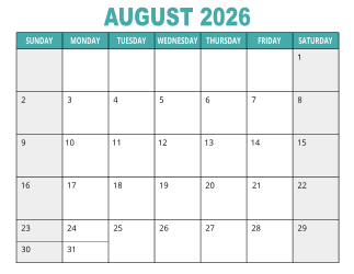 1. Free printable calendar, August 2026, Landscape. Free, printable, monthly, calendar, pdf, png, print, download.