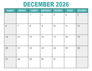 1. Free printable calendar, December 2026, Landscape. Free, printable, monthly, calendar, pdf, png, print, download.