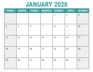 1. Free printable calendar, January 2026, Landscape. Free, printable, monthly, calendar, pdf, png, print, download.