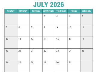 1. Free printable calendar, July 2026, Landscape. Free, printable, monthly, calendar, pdf, png, print, download.
