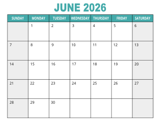 1. Free printable calendar, June 2026, Landscape. Free, printable, monthly, calendar, pdf, png, print, download.