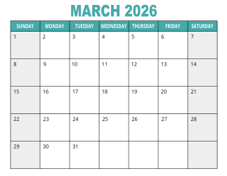 1. Free printable calendar, March 2026, Landscape. Free, printable, monthly, calendar, pdf, png, print, download.