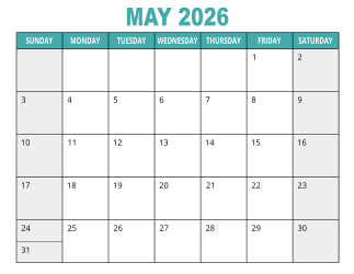 1. Free printable calendar, May 2026, Landscape. Free, printable, monthly, calendar, pdf, png, print, download.