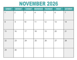 1. Free printable calendar, November 2026, Landscape. Free, printable, monthly, calendar, pdf, png, print, download.