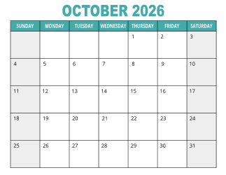 1. Free printable calendar, October 2026, Landscape. Free, printable, monthly, calendar, pdf, png, print, download.