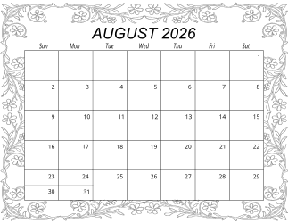 6. Free printable monthly calendar, August 2026, Landscape. Free, printable, monthly, calendar, pdf, png, print, download.