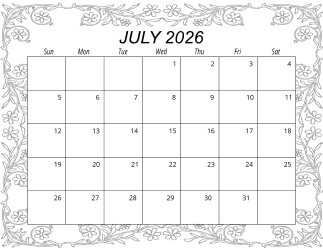 6. Free printable monthly calendar, July 2026, Landscape. Free, printable, monthly, calendar, pdf, png, print, download.