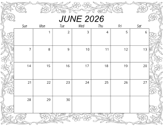 6. Free printable monthly calendar, June 2026, Landscape. Free, printable, monthly, calendar, pdf, png, print, download.