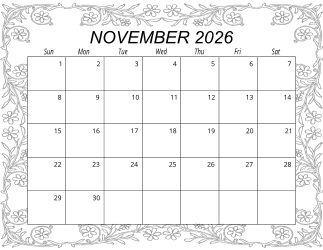 6. Free printable monthly calendar, November 2026, Landscape. Free, printable, monthly, calendar, pdf, png, print, download.