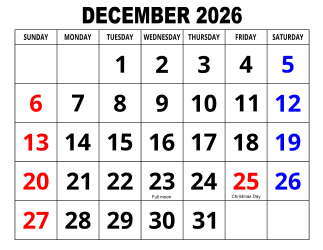 4. Large print monthly calendar, December 2026, Landscape, With Federal US Holidays. Free, printable, monthly, calendar, pdf, png, print, download.
