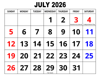 4. Large print monthly calendar, July 2026, Landscape, With Federal US Holidays. Free, printable, monthly, calendar, pdf, png, print, download.