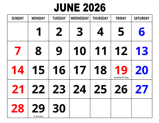 4. Large print monthly calendar, June 2026, Landscape, With Federal US Holidays. Free, printable, monthly, calendar, pdf, png, print, download.