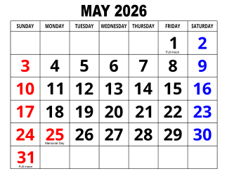 4. Large print monthly calendar, May 2026, Landscape, With Federal US Holidays. Free, printable, monthly, calendar, pdf, png, print, download.