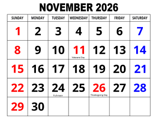 4. Large print monthly calendar, November 2026, Landscape, With Federal US Holidays. Free, printable, monthly, calendar, pdf, png, print, download.