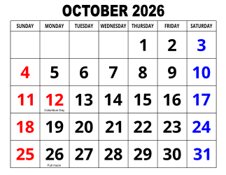 4. Large print monthly calendar, October 2026, Landscape, With Federal US Holidays. Free, printable, monthly, calendar, pdf, png, print, download.