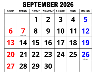 4. Large print monthly calendar, September 2026, Landscape, With Federal US Holidays. Free, printable, monthly, calendar, pdf, png, print, download.