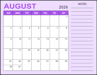 3. Monthly calendar printable, August 2026, Landscape. Free, printable, monthly, calendar, pdf, png, print, download.