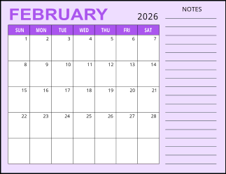 3. Monthly calendar printable, February 2026, Landscape. Free, printable, monthly, calendar, pdf, png, print, download.
