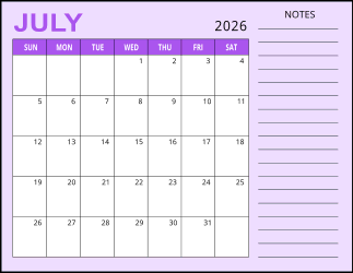 3. Monthly calendar printable, July 2026, Landscape. Free, printable, monthly, calendar, pdf, png, print, download.