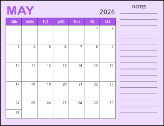 3. Monthly calendar printable, May 2026, Landscape. Free, printable, monthly, calendar, pdf, png, print, download.