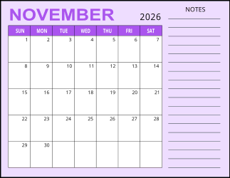 3. Monthly calendar printable, November 2026, Landscape. Free, printable, monthly, calendar, pdf, png, print, download.