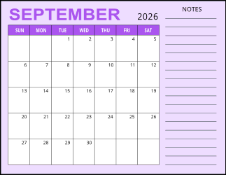3. Monthly calendar printable, September 2026, Landscape. Free, printable, monthly, calendar, pdf, png, print, download.