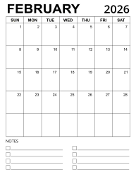 5. Printable calendar template, February 2026, Portrait. Free, printable, monthly, calendar, pdf, png, print, download.