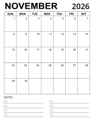 5. Printable calendar template, November 2026, Portrait. Free, printable, monthly, calendar, pdf, png, print, download.