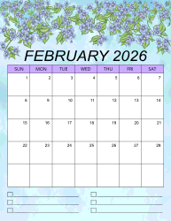2. Printable monthly calendar, February 2026, Portrait. Free, printable, monthly, calendar, pdf, png, print, download.