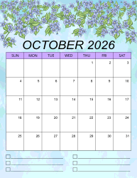 2. Printable monthly calendar, October 2026, Portrait. Free, printable, monthly, calendar, pdf, png, print, download.