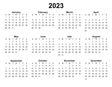 4. Yearly calendar 2023 printable. Landscape Free, printable, template, calendar, year, yearly, pdf, png, svg, print, download.
