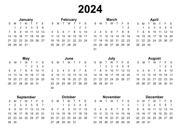 4. Yearly calendar 2024 printable. Landscape Free, printable, template, calendar, year, yearly, pdf, png, svg, print, download.