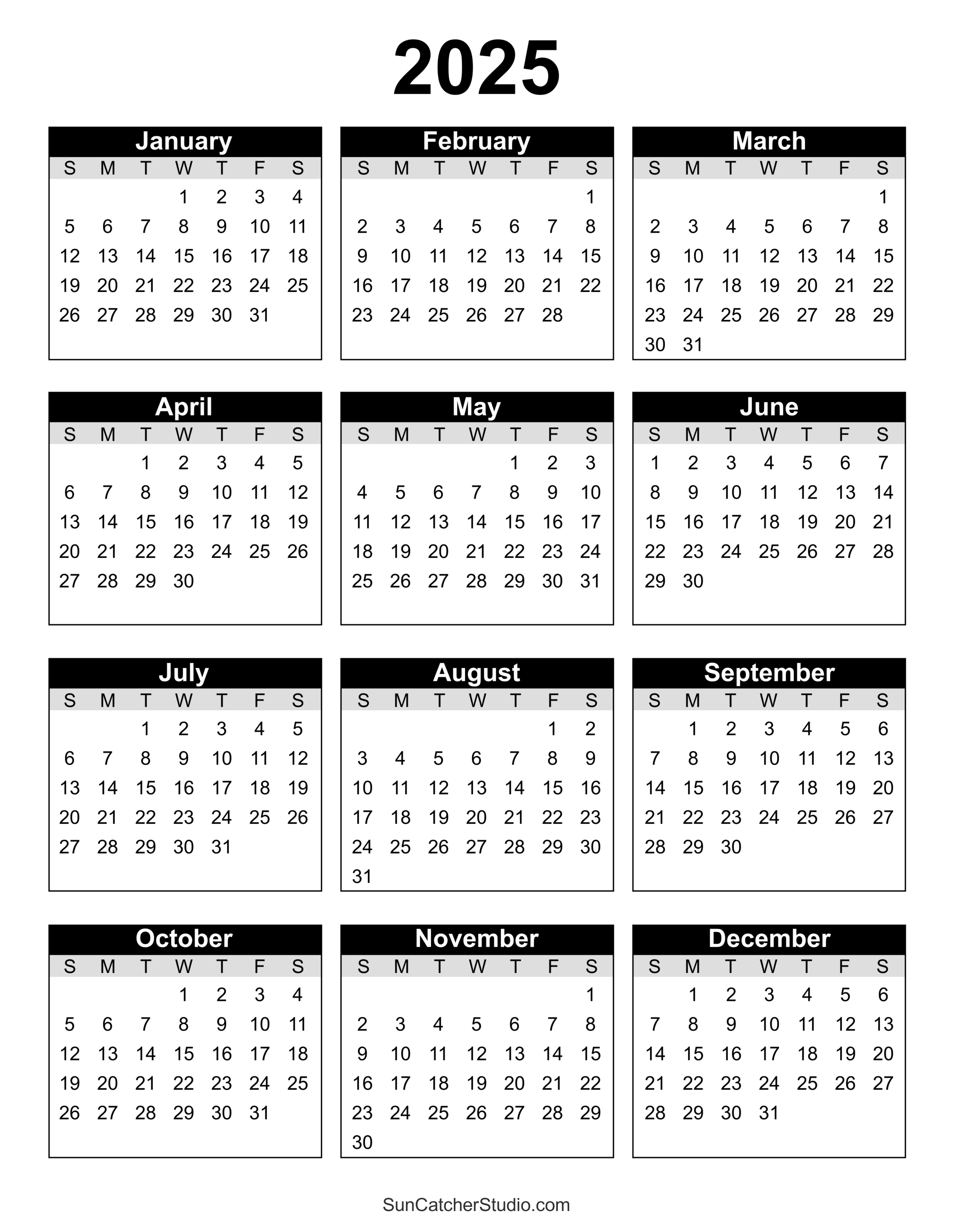 Free Printable 2025 Yearly Calendar DIY Projects, Patterns, Monograms