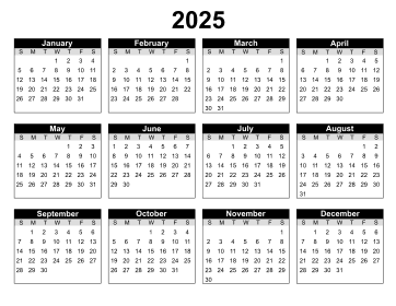 3. Printable 2025 Calendar. Landscape. Free, printable, template, calendar, year, yearly, pdf, png, svg, print, download.