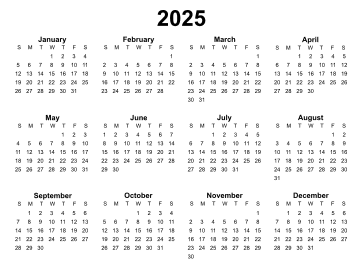 4. Yearly calendar 2025 printable. Landscape Free, printable, template, calendar, year, yearly, pdf, png, svg, print, download.
