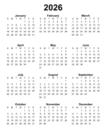 2. Free printable calendar 2026. Portrait. Free, printable, template, calendar, year, yearly, pdf, png, svg, print, download.