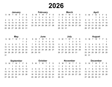 4. Yearly calendar 2026 printable. Landscape Free, printable, template, calendar, year, yearly, pdf, png, svg, print, download.