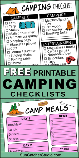 Camping checklist, camping essentials, printable, meal planners, DIY, food, menu, essential camping gear, camping packing list, template, free, print, download.