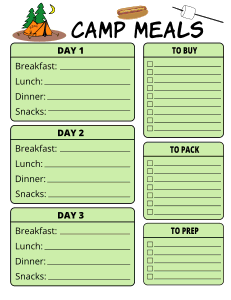 3. Free Printable Camping Meals Template. Free, printable, camping checklist, camping essentials, meal planners, food, essential camping gear, camping packing list, template, pdf, png, print, download.