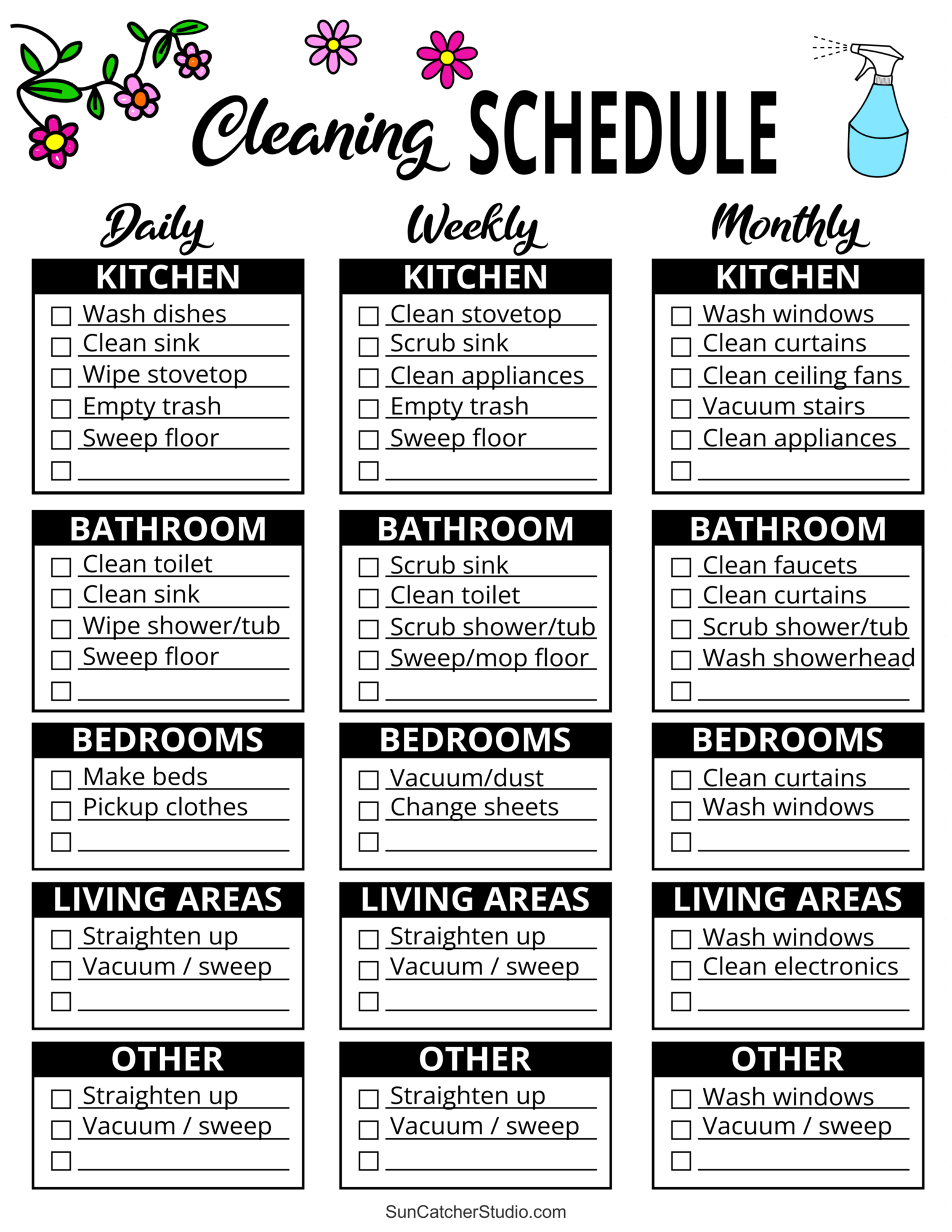 Printable Cleaning Schedule (Spring Daily Weekly Checklists) DIY
